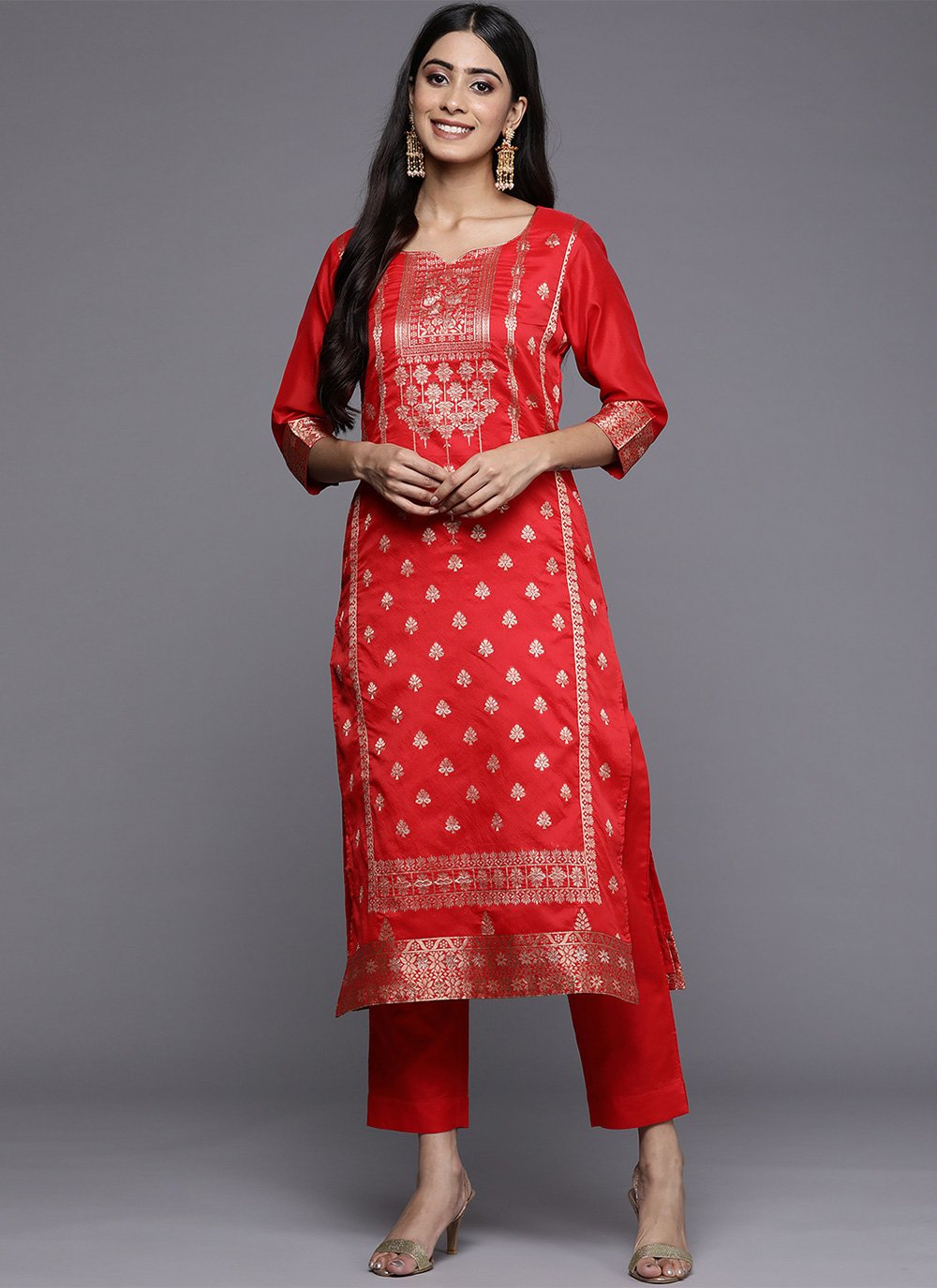 Designer Kurti Jacquard Red Woven Kurtis