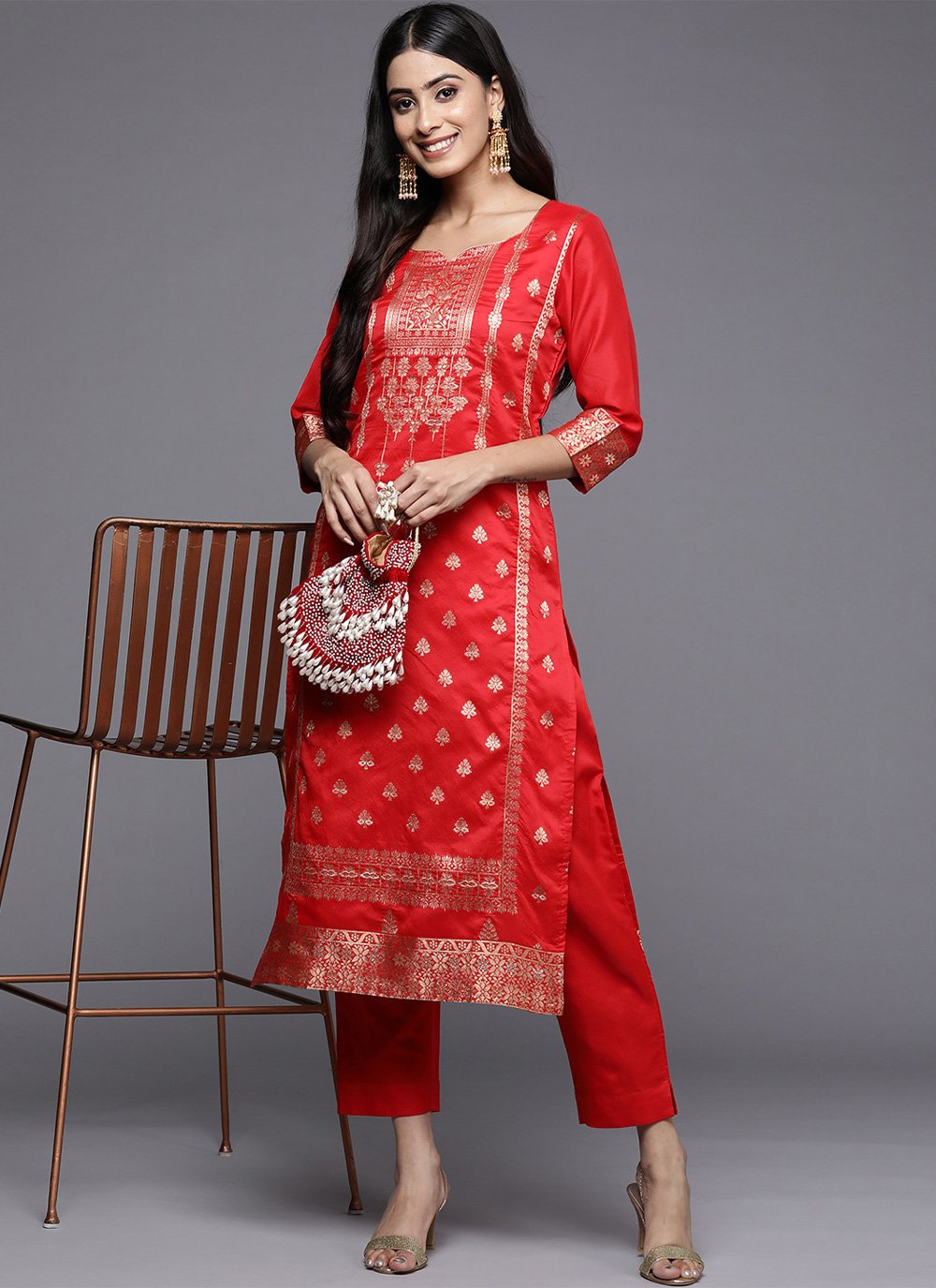 Designer Kurti Jacquard Red Woven Kurtis