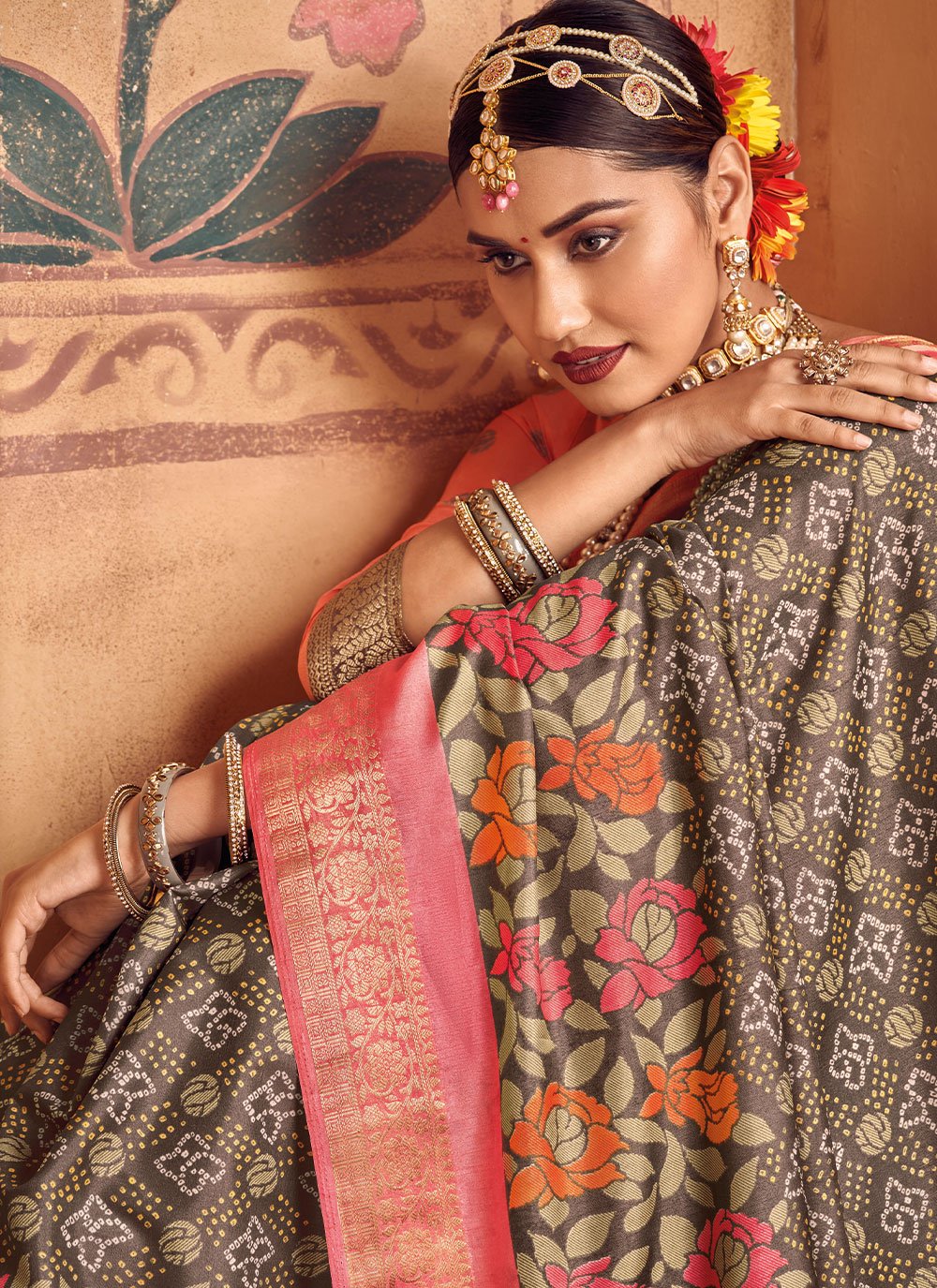 Classic Silk Grey Foil Print Saree