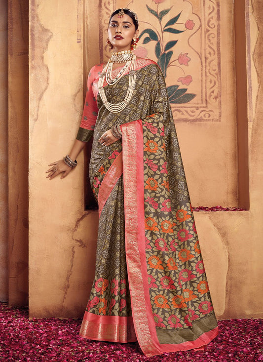 Classic Silk Grey Foil Print Saree