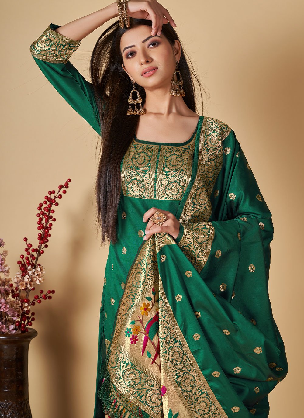 Pant Style Suit Banarasi Silk Green Woven Salwar Kameez