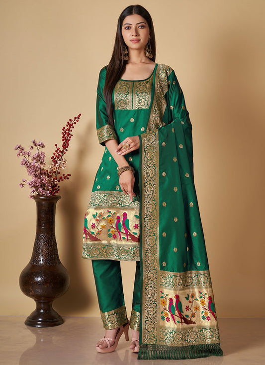 Pant Style Suit Banarasi Silk Green Woven Salwar Kameez