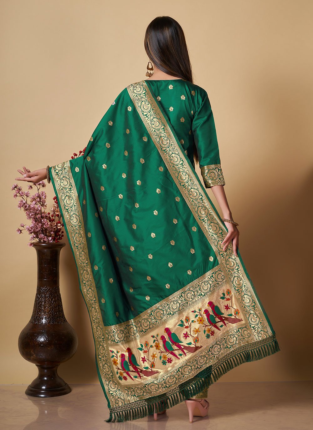 Pant Style Suit Banarasi Silk Green Woven Salwar Kameez