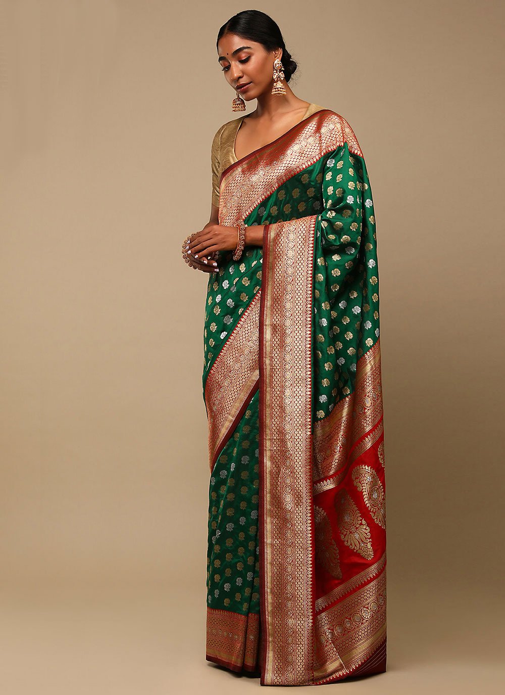 Classic Art Banarasi Silk Green Red Woven Saree