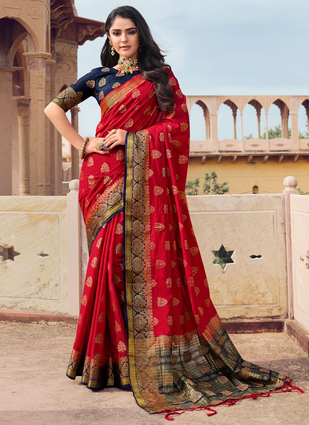 Classic Raw Silk Red Woven Saree