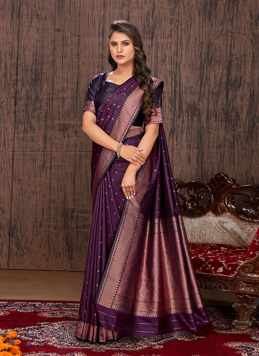 Classic Satin Silk Purple Woven Saree