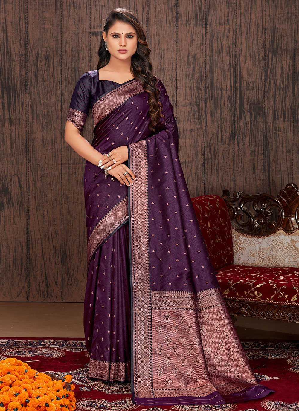 Classic Satin Silk Purple Woven Saree