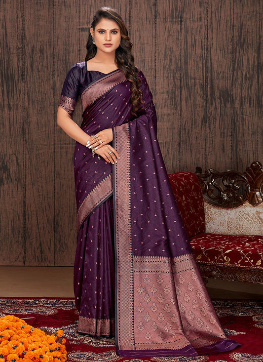 Classic Satin Silk Purple Woven Saree