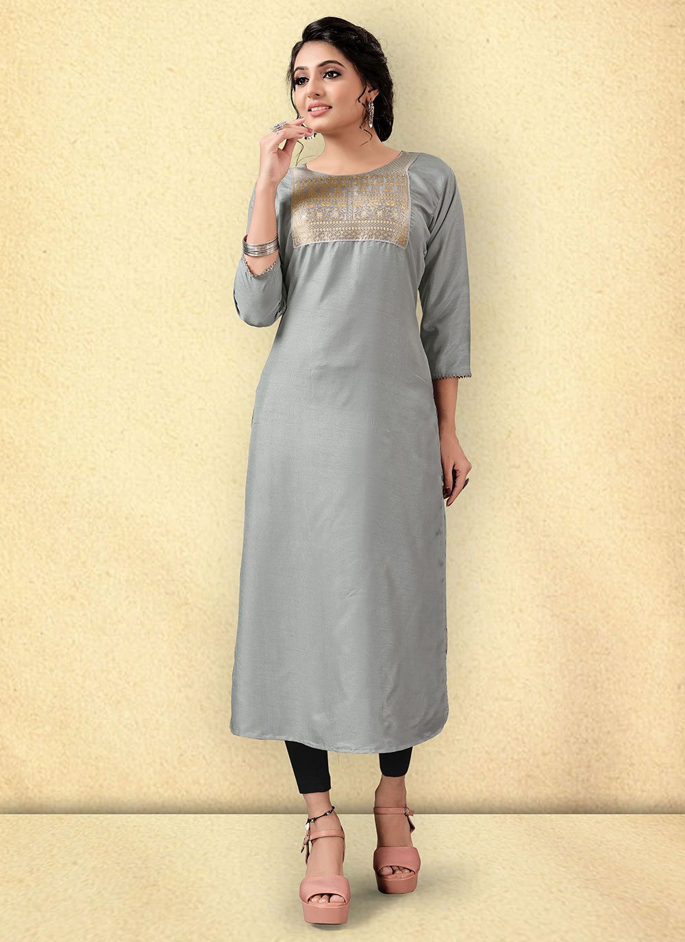 Casual Kurti Silk Grey Woven Kurtis