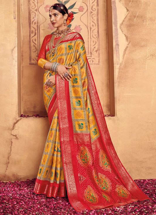 Contemporary Silk Red Yellow Foil Print Saree