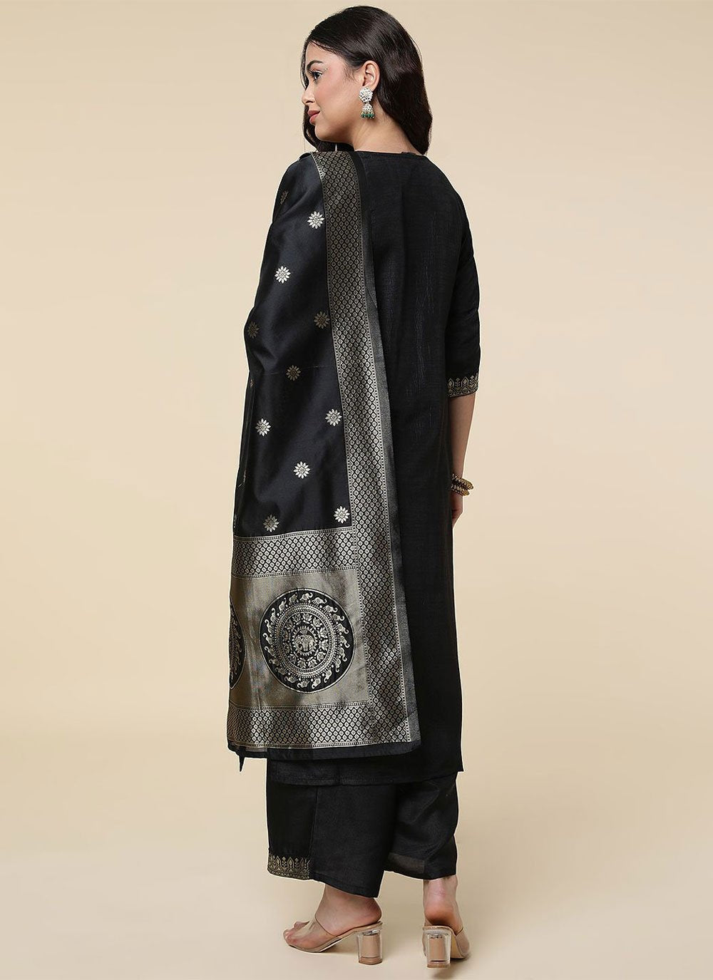 Designer Straight Salwar Suit Silk Black Woven Salwar Kameez