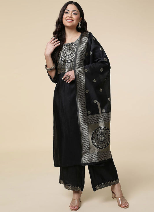 Designer Straight Salwar Suit Silk Black Woven Salwar Kameez