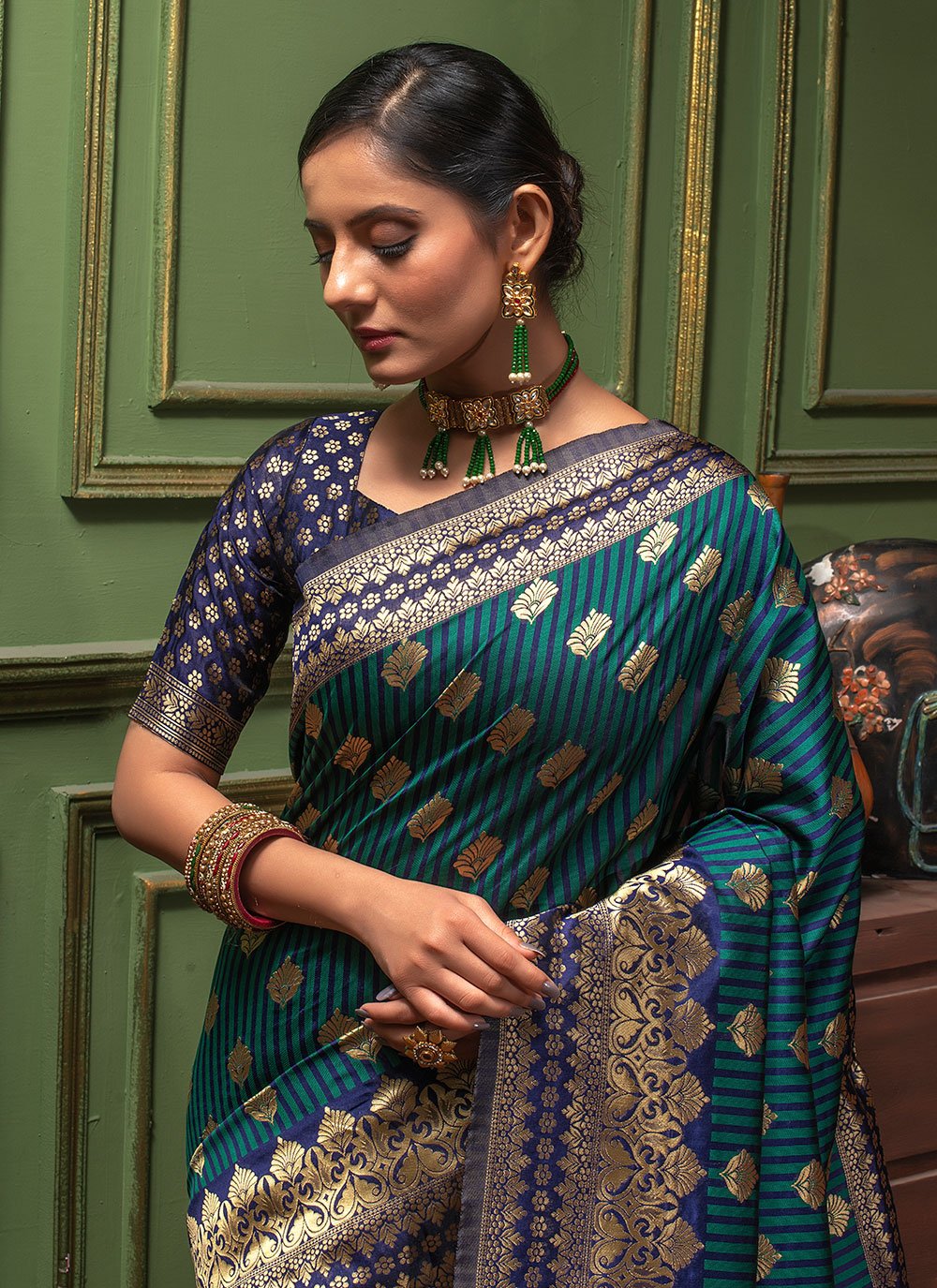 Classic Banarasi Silk Teal Woven Saree