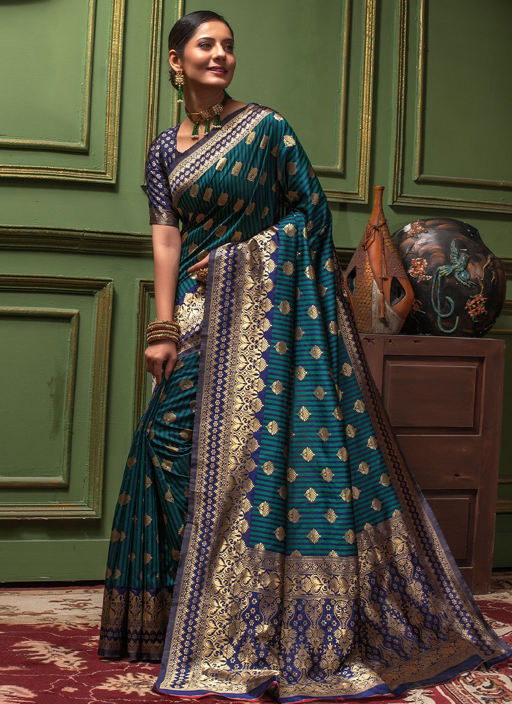 Classic Banarasi Silk Teal Woven Saree