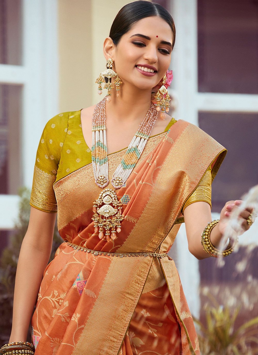 Designer Silk Tissue Orange Woven Saree