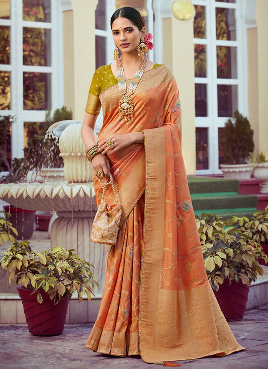 Designer Silk Tissue Orange Woven Saree