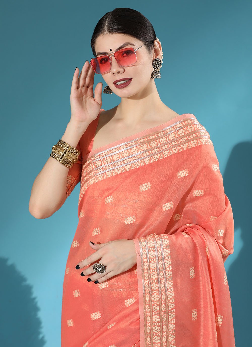 Traditional Saree Cotton Lucknowi Orange Chikankari Work Saree