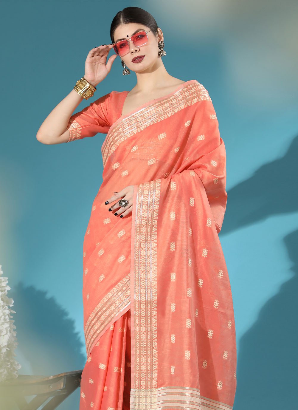 Traditional Saree Cotton Lucknowi Orange Chikankari Work Saree