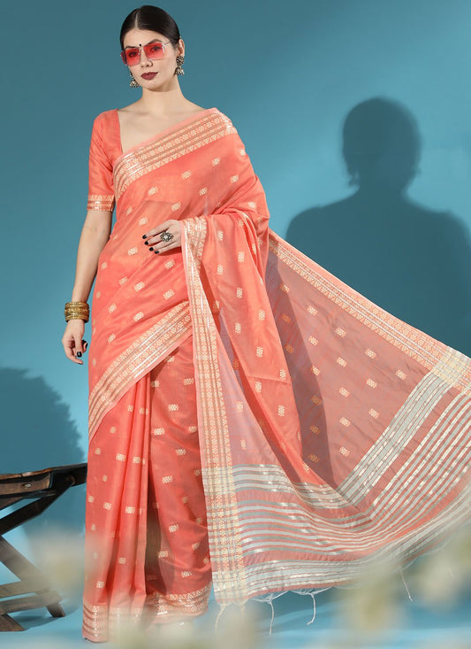 Traditional Saree Cotton Lucknowi Orange Chikankari Work Saree