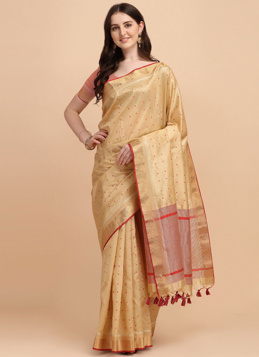 Classic Tussar Silk Beige Woven Saree