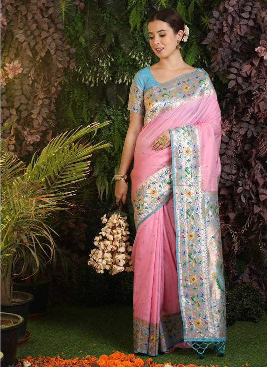 Designer Banarasi Silk Pink Woven Saree