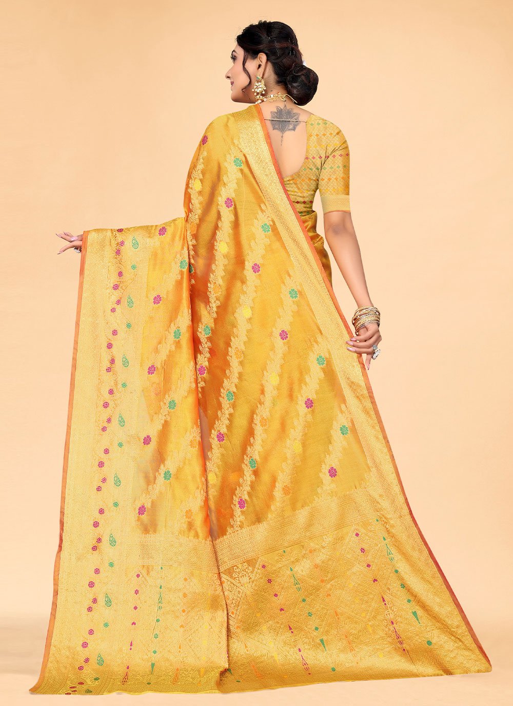 Designer Organza Yellow Woven Saree