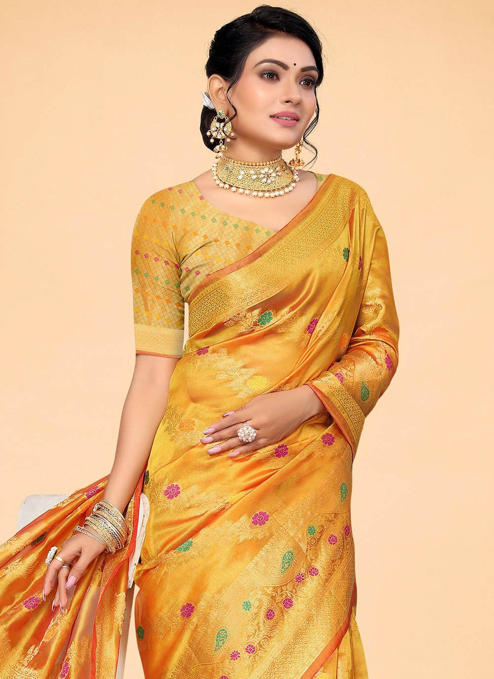 Designer Organza Yellow Woven Saree