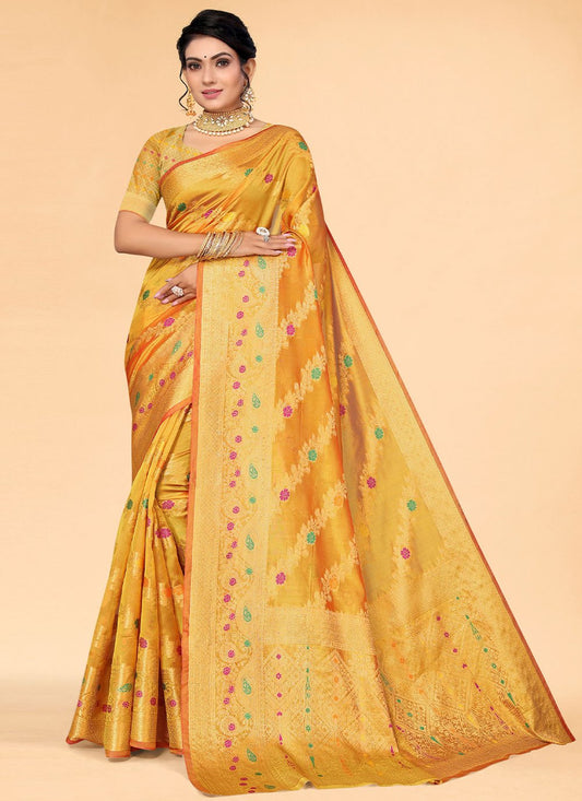 Designer Organza Yellow Woven Saree