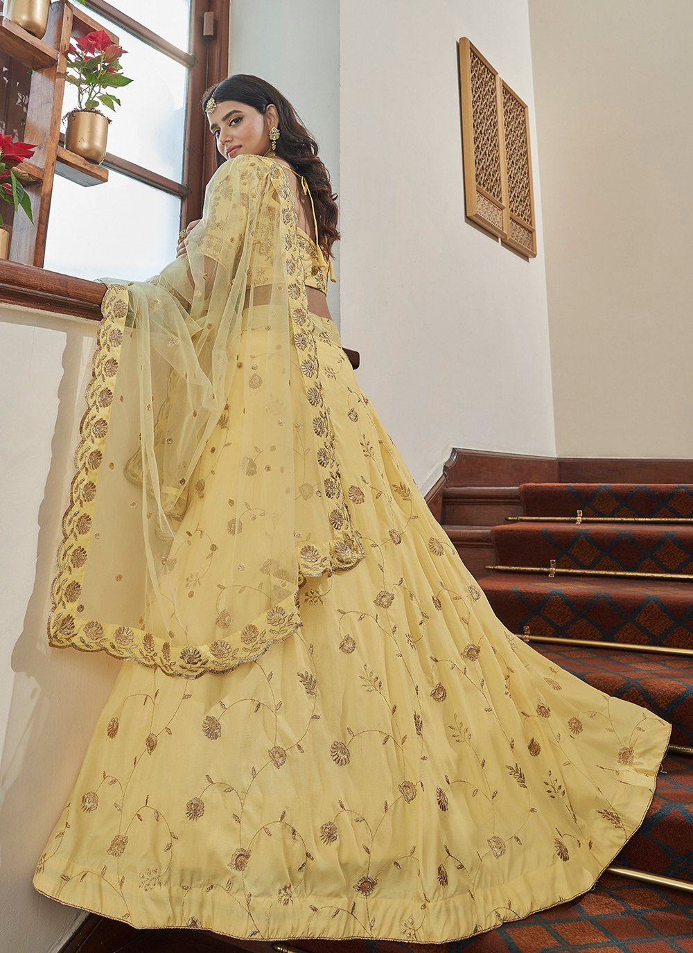 A Line Lehenga Art Silk Yellow Embroidered Lehenga Choli