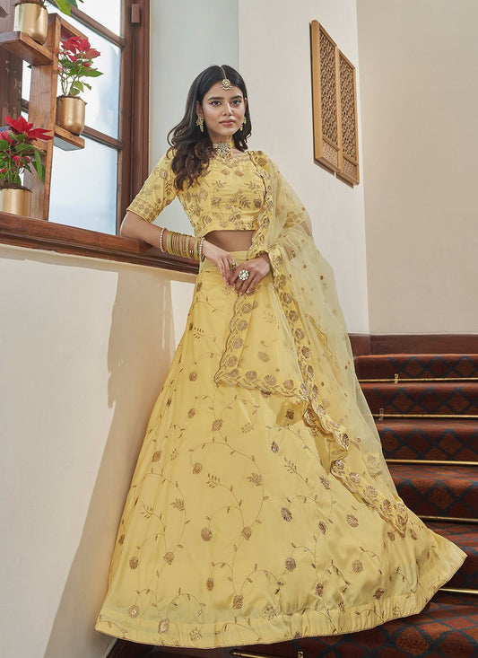 A Line Lehenga Art Silk Yellow Embroidered Lehenga Choli