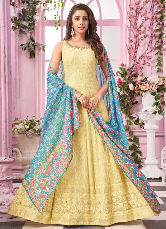 Anarkali Suit Georgette Yellow Embroidered Salwar Kameez