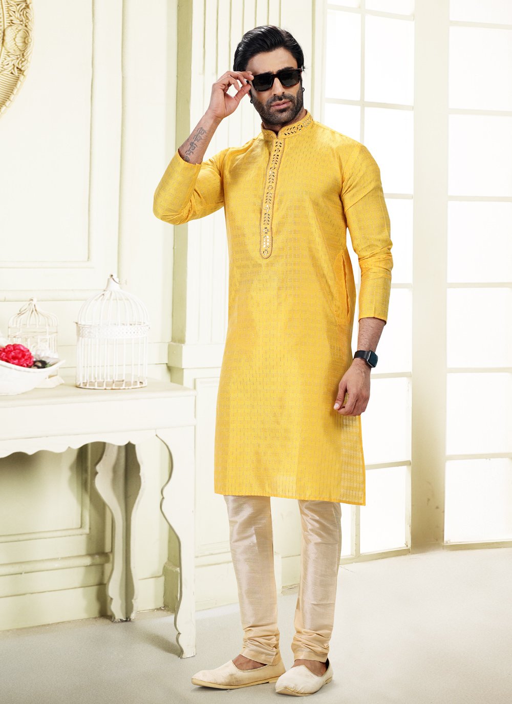 Kurta Pyjama Art Silk Jacquard Yellow Fancy Work Mens