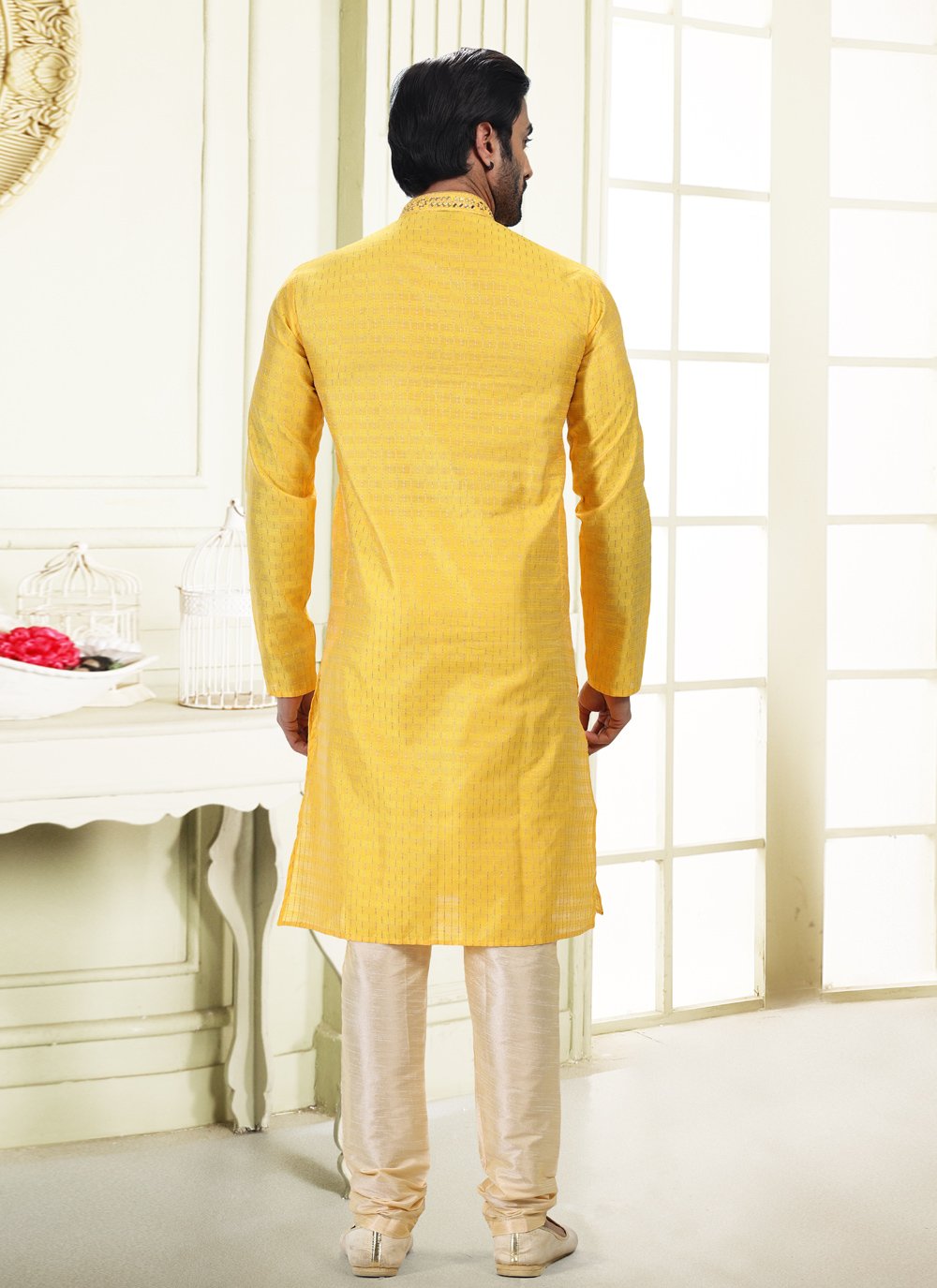 Kurta Pyjama Art Silk Jacquard Yellow Fancy Work Mens