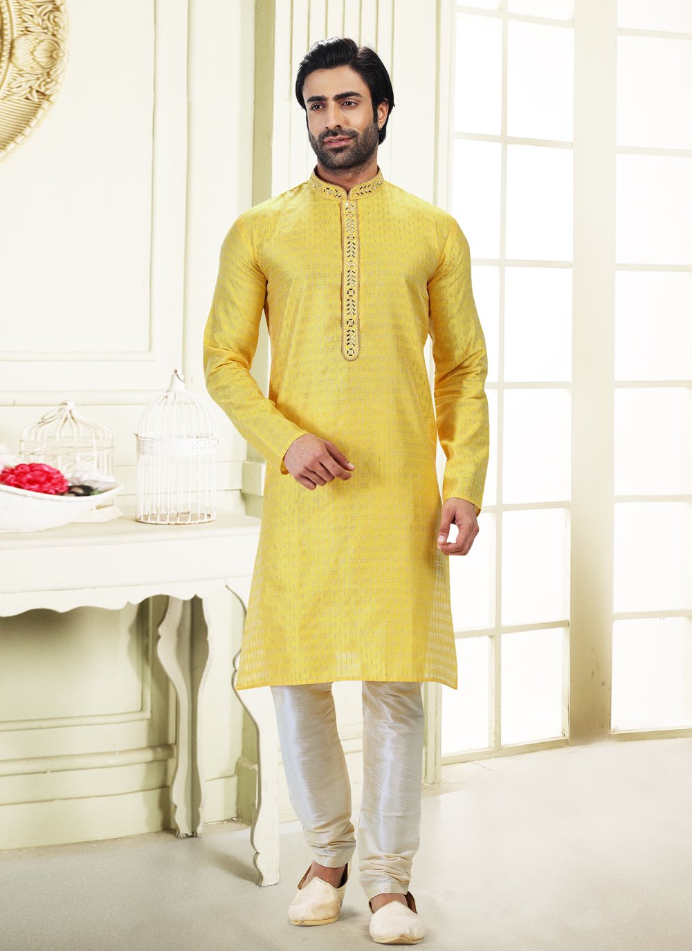 Kurta Pyjama Art Silk Jacquard Yellow Fancy Work Mens