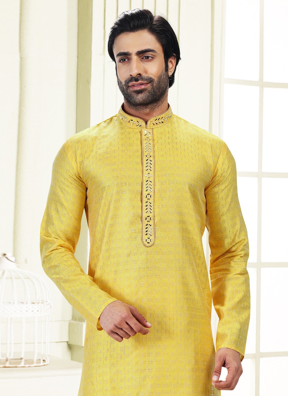 Kurta Pyjama Art Silk Jacquard Yellow Fancy Work Mens