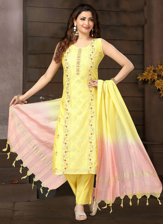 Salwar Suit Art Silk Yellow Embroidered Salwar Kameez