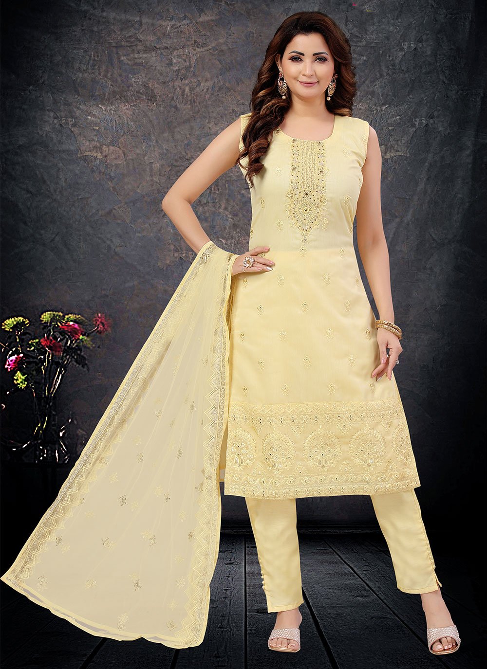 Salwar Suit Art Silk Yellow Embroidered Salwar Kameez