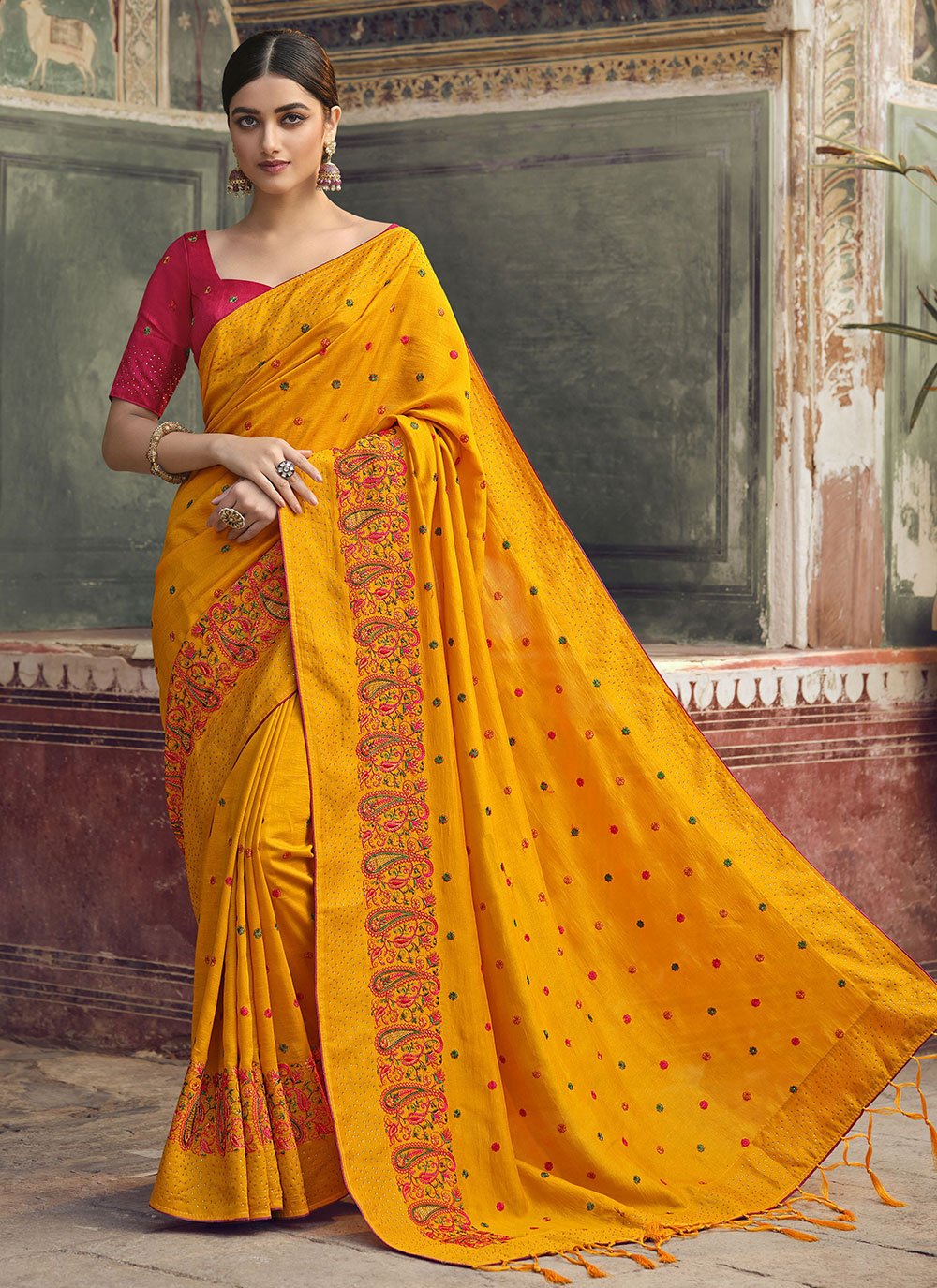 Trendy Saree Art Silk Yellow Embroidered Saree