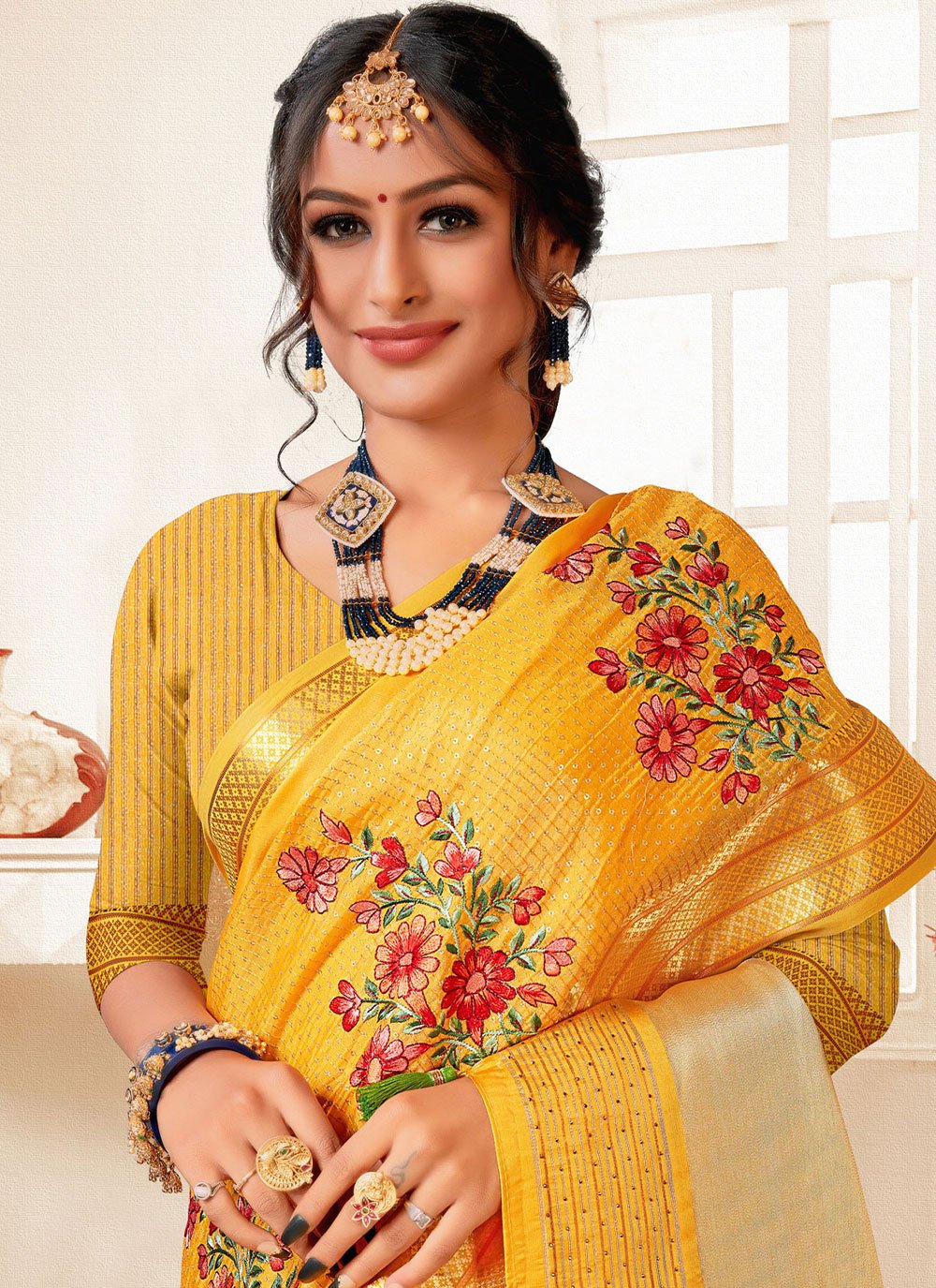 Trendy Saree Art Silk Yellow Embroidered Saree