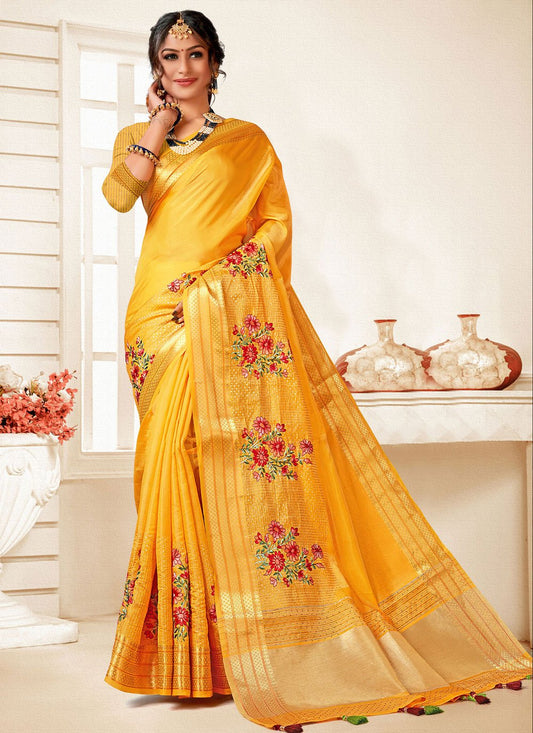 Trendy Saree Art Silk Yellow Embroidered Saree