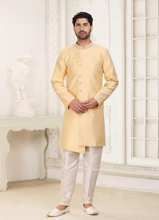 Indo Western Banarasi Jacquard Yellow Fancy Work Mens