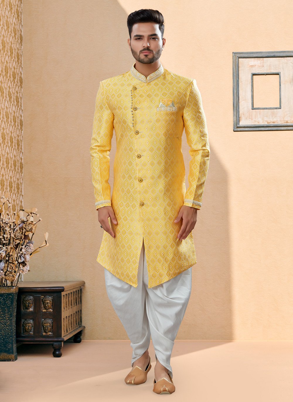 Indo Western Sherwani Banarasi Jacquard Yellow Thread Mens