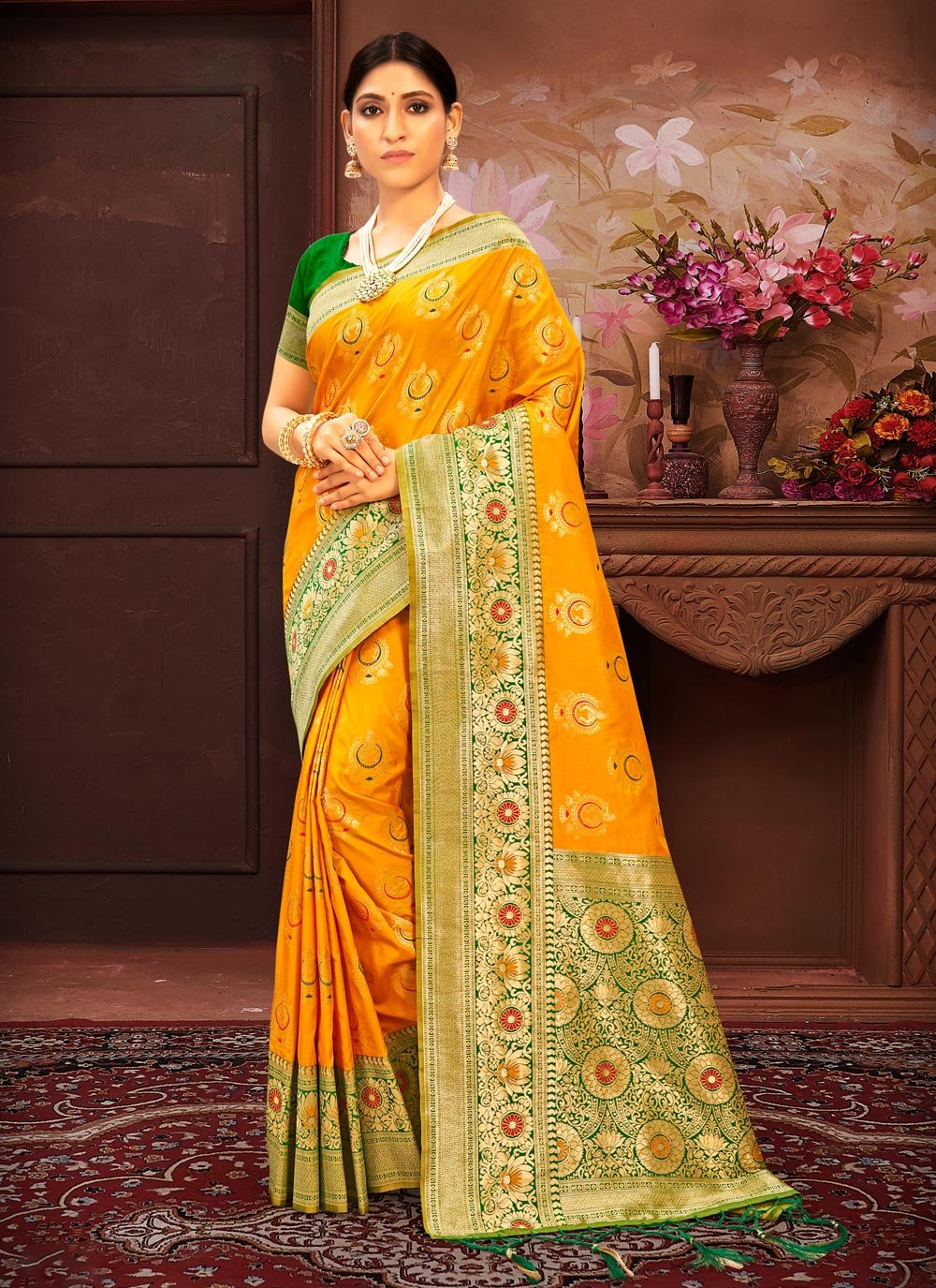 Traditional Saree Banarasi Silk Yellow Weaving Saree