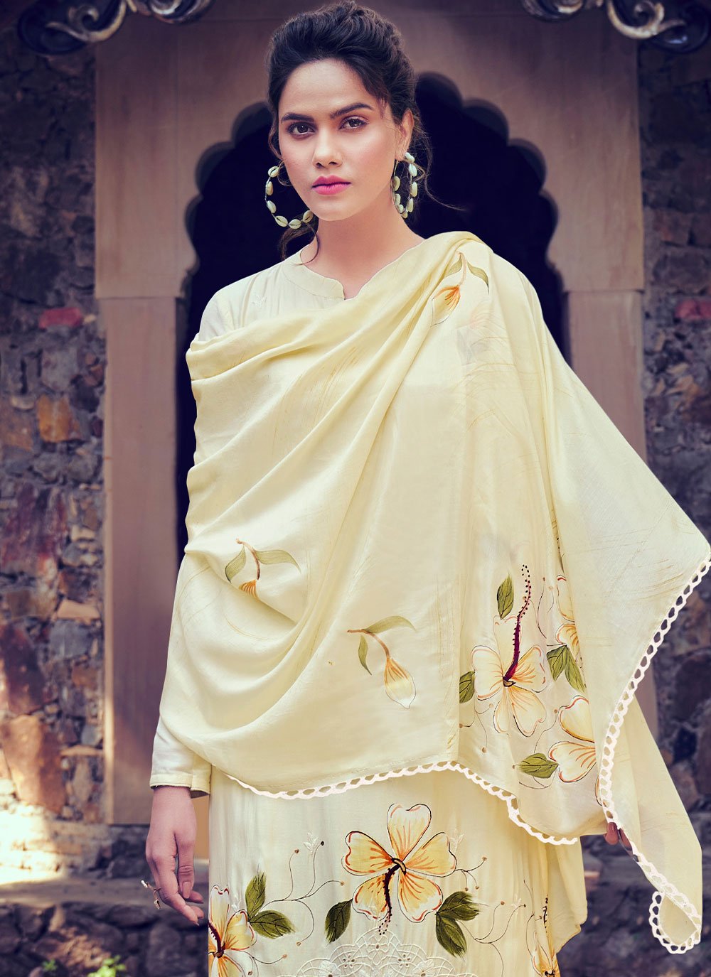 Straight Salwar Suit Bembarg Muslin Yellow Embroidered Salwar Kameez