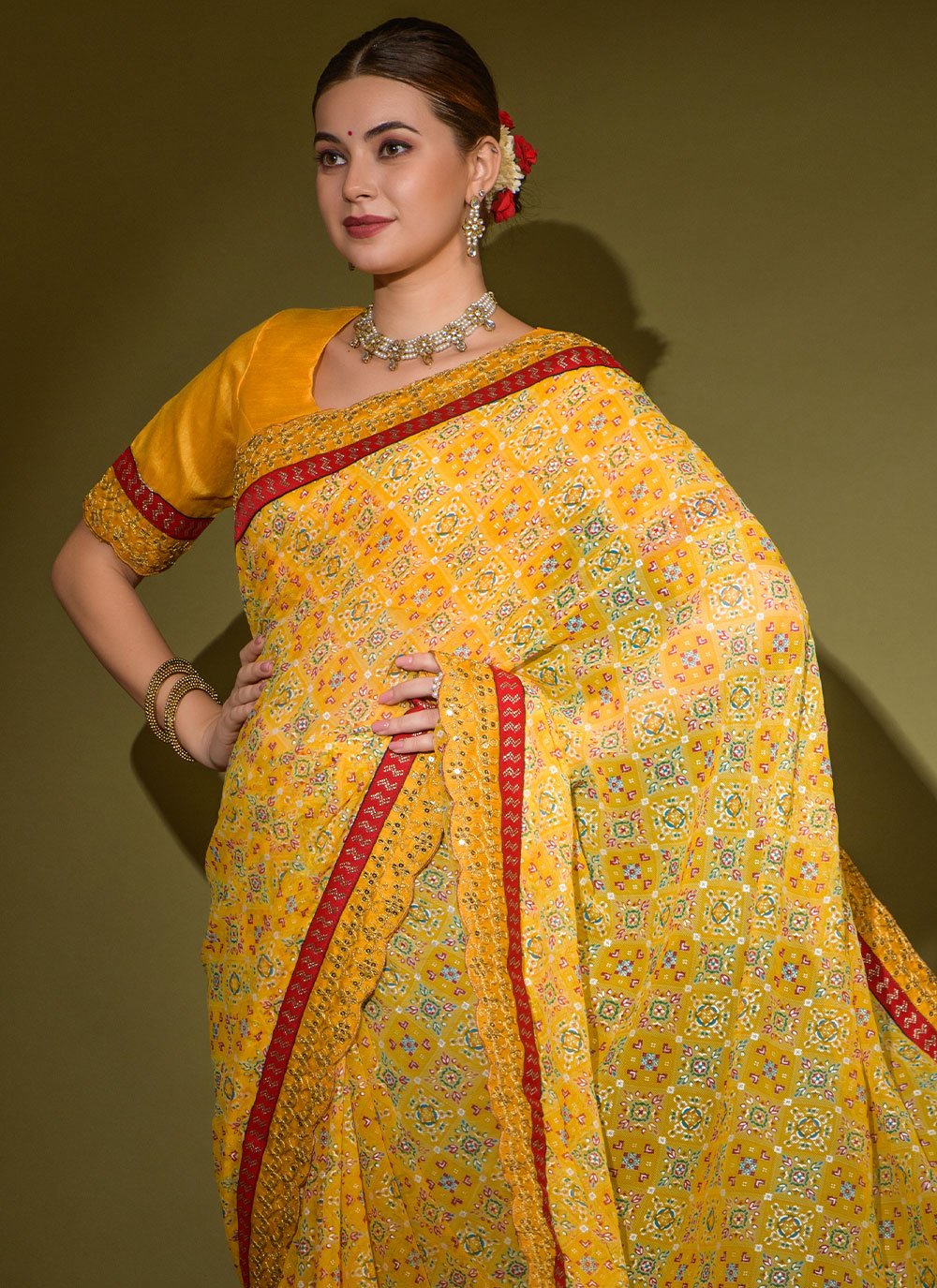 Contemporary Chiffon Yellow Lace Saree