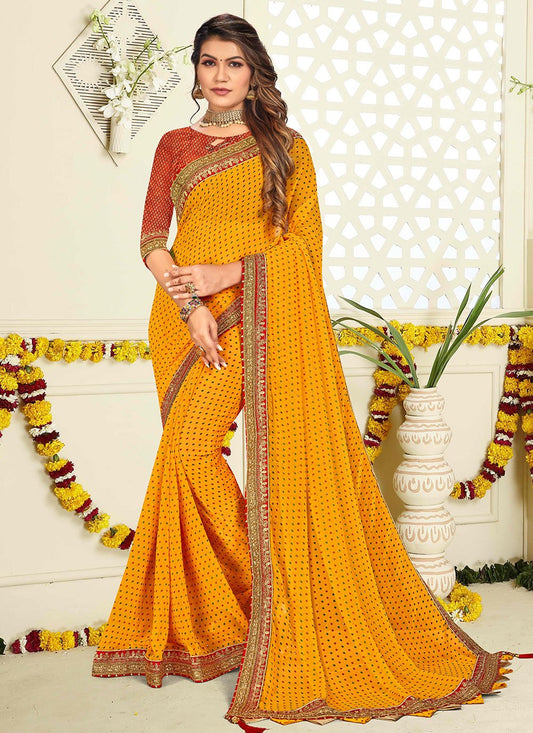 Printed Saree Georgette Yellow Patch Border Saree