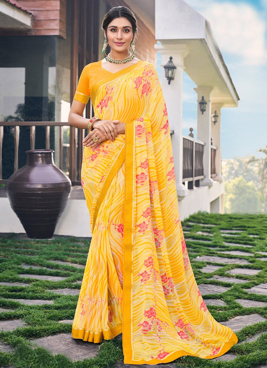 Classic Designer Georgette Yellow Patch Border Saree