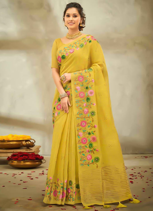 Contemporary Cotton Linen Yellow Embroidered Saree