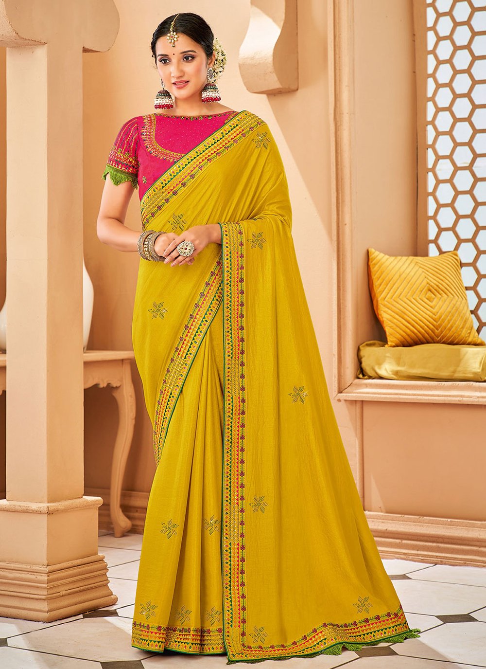 Classic Raw Silk Yellow Embroidered Saree