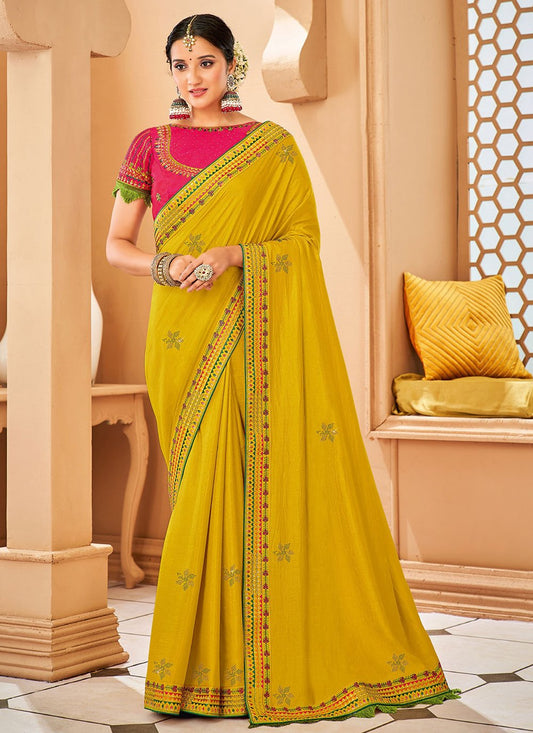 Classic Raw Silk Yellow Embroidered Saree